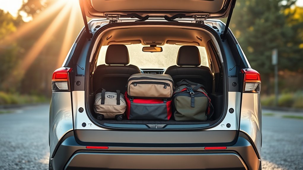 SUV with the tailgate open showing an organized cargo area with bags