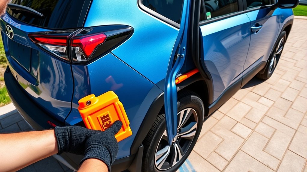 air wedge near a vehicle door illustrating a Toyota RAV4 lockout method to avoid