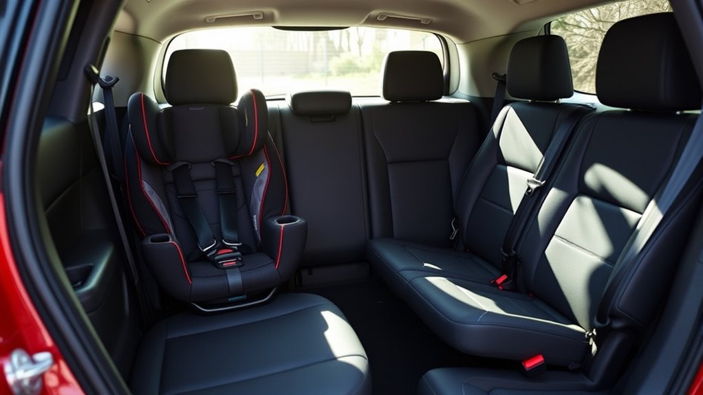Three narrow child car seats positioned across a Toyota RAV4 rear bench