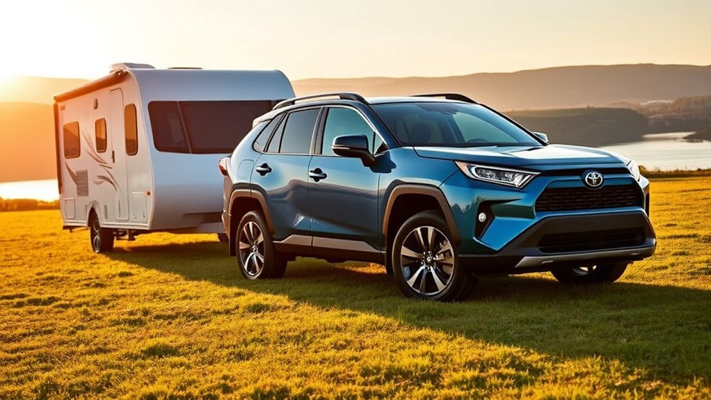 Toyota RAV4 towing a lightweight camper, illustrating model-year towing-capacity differences