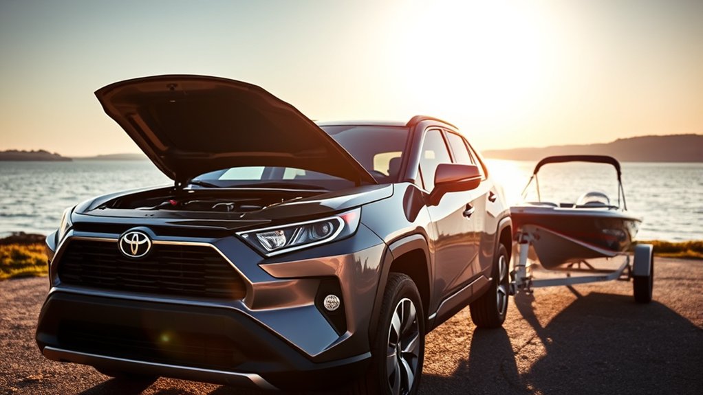 Toyota RAV4 V6 towing a trailer on a highway