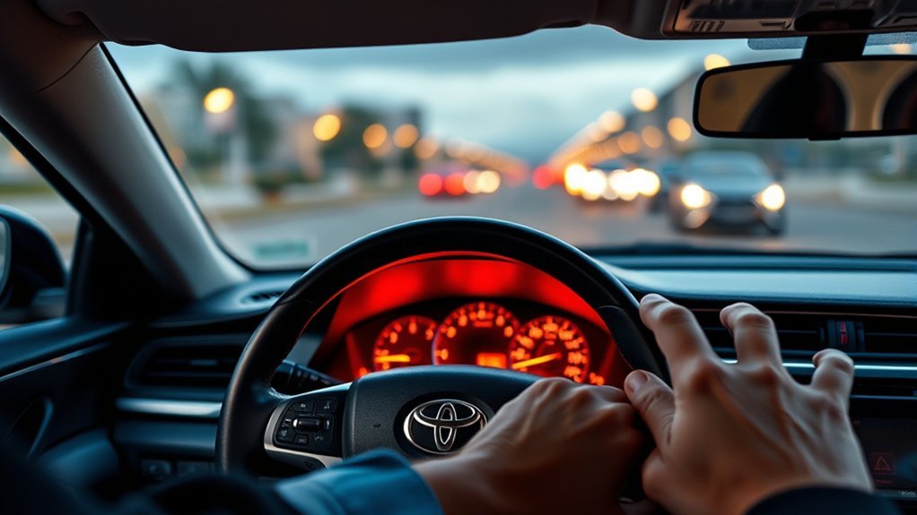 Driver responding safely to a Toyota Camry charging system warning light