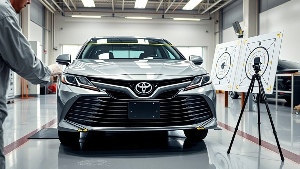 Technician calibrating Toyota Camry driver-assistance camera