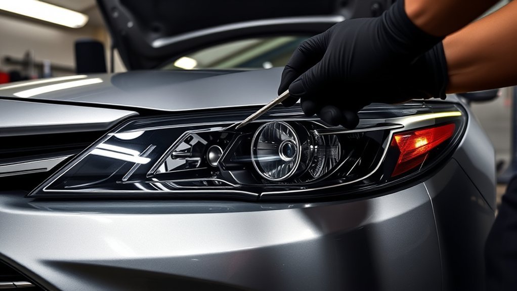 Toyota Camry facing a wall with tape reference lines for low-beam headlight aiming