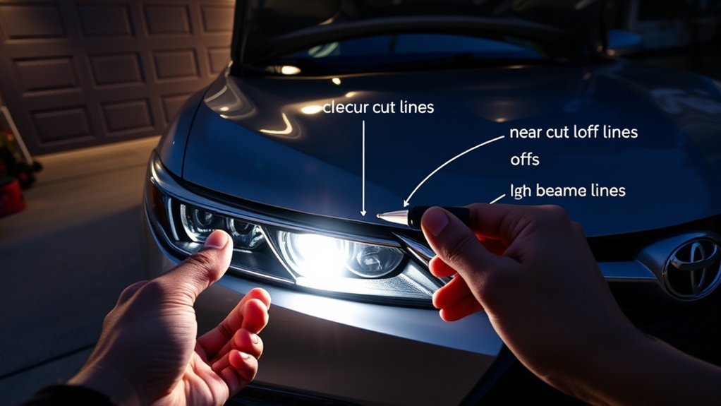 Toyota Camry high-beam pattern being checked after the low-beam headlight aim is set