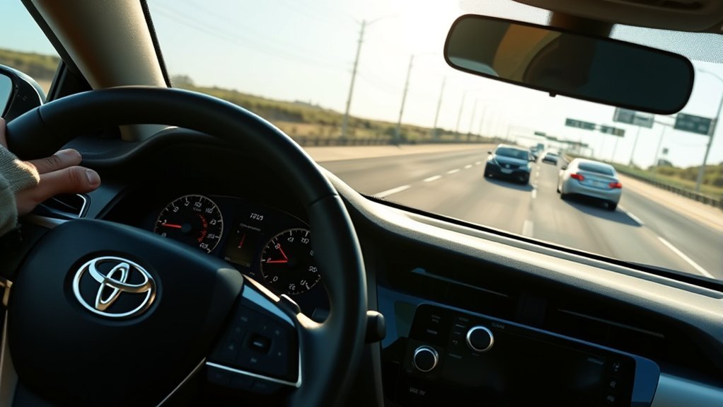 Toyota Camry driver viewing vehicles ahead while selecting a radar cruise following distance
