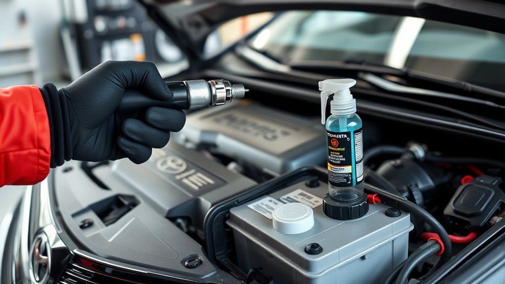 Automotive battery terminals and hold-down being checked for corrosion and looseness
