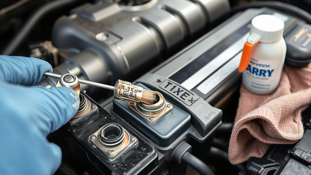 White corrosion buildup around a Toyota Camry 12-volt battery terminal