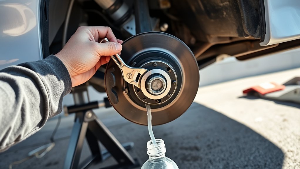 Clear tube attached to a Toyota Camry rear brake bleeder during a controlled two-person bleed
