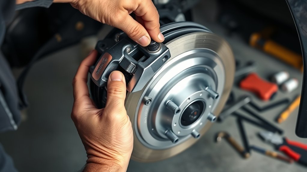Reattaching and tightening a front brake caliper on a 2009 Toyota Camry
