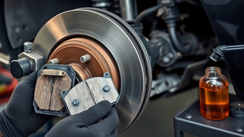Technician inspecting brake pads, rotors, calipers, and brake fluid