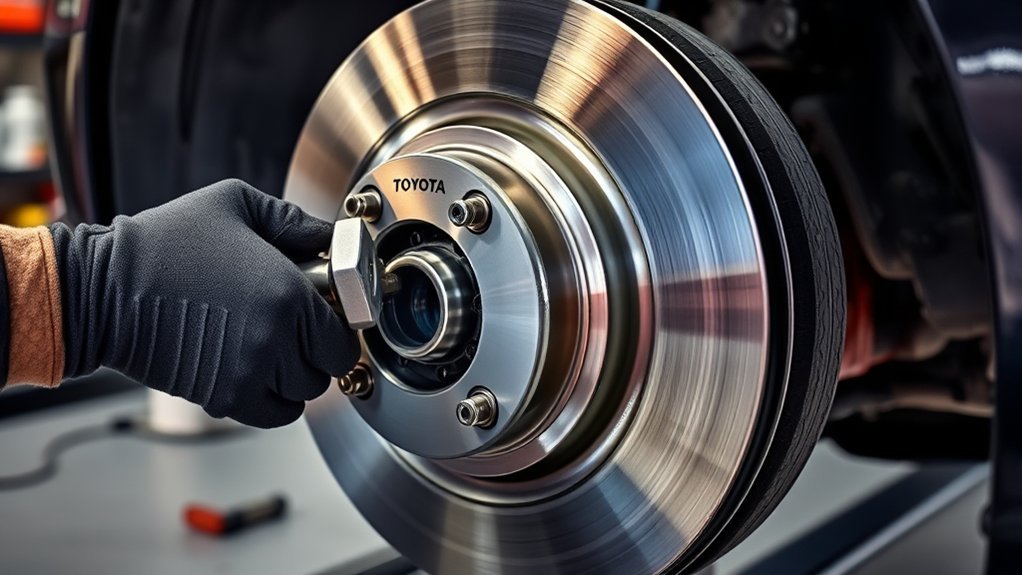 Front brake pads and rotors being replaced on a 2009 Toyota Camry