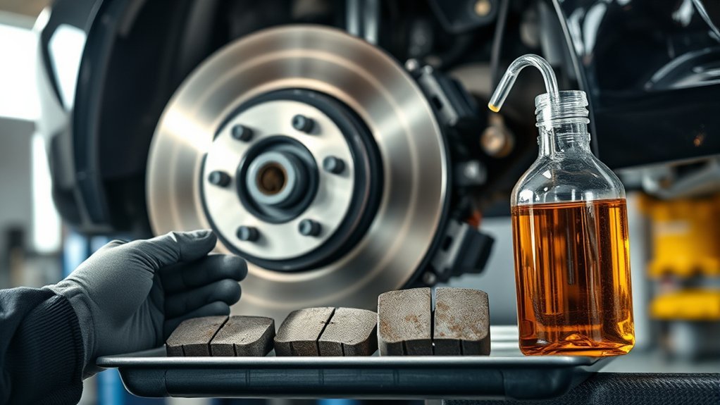 Brake pads pressing against a rotor to slow a vehicle
