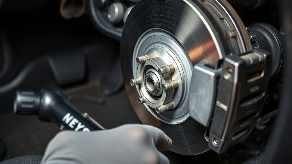 Toyota Camry disc brake caliper and rotor being inspected