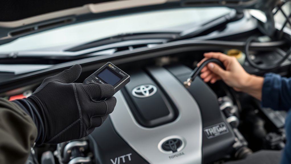 Mechanic diagnosing Toyota Camry P0012 VVT timing fault