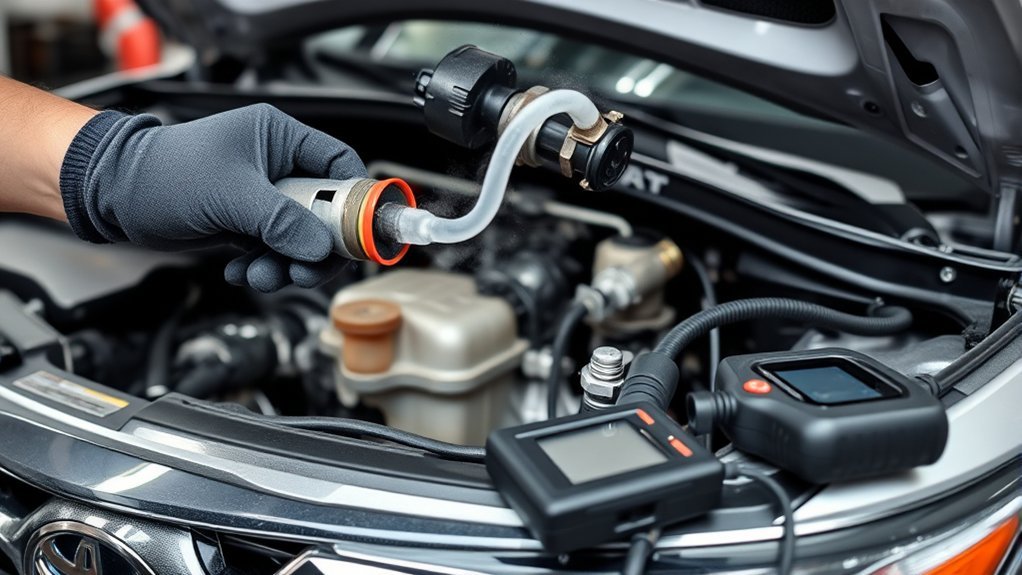 Technician diagnosing a Toyota Camry EVAP leak with professional equipment