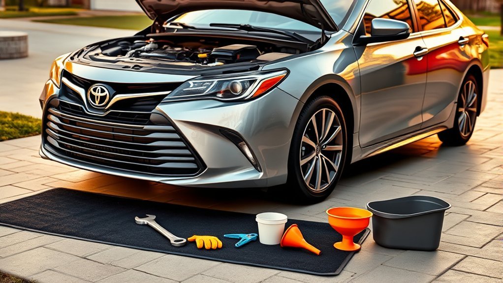 Changing the engine oil beneath a Toyota Camry