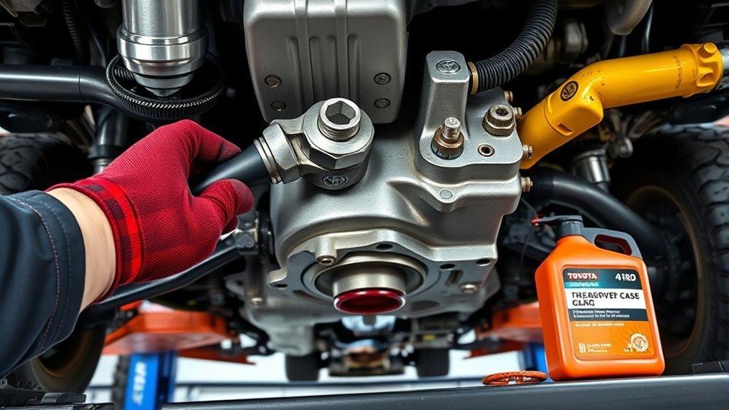 Changing Toyota Tacoma transfer case fluid at the drain and fill plugs