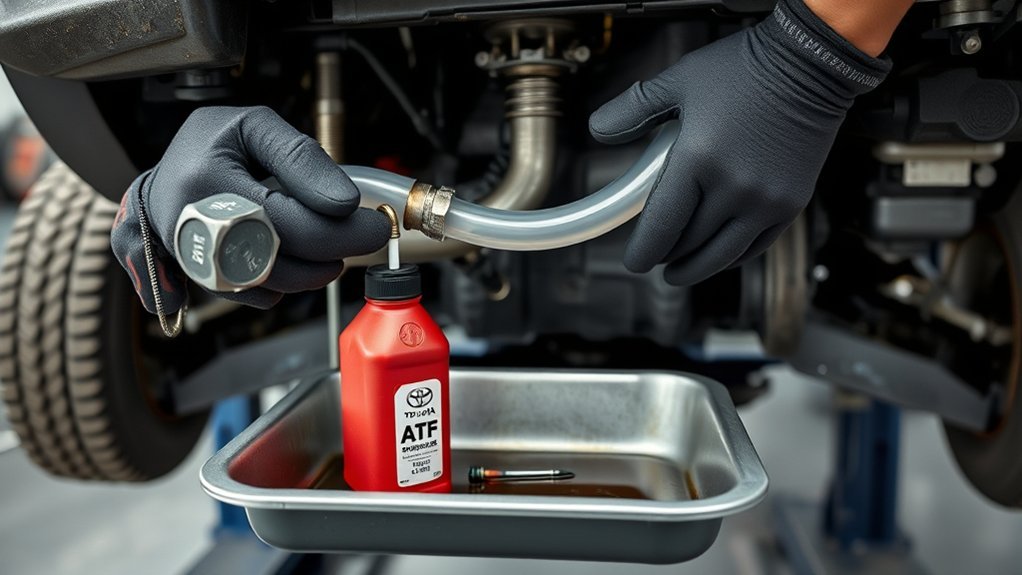 Technician checking Toyota Tacoma transmission fluid condition