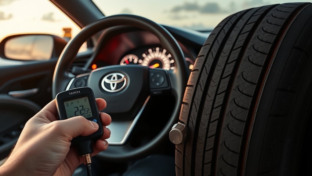 Checking and inflating a Toyota Camry tire with a pressure gauge