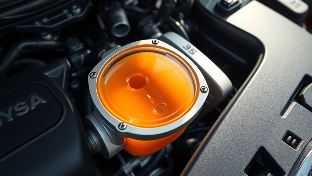 Checking the Toyota Camry brake fluid reservoir level between the MIN and MAX marks