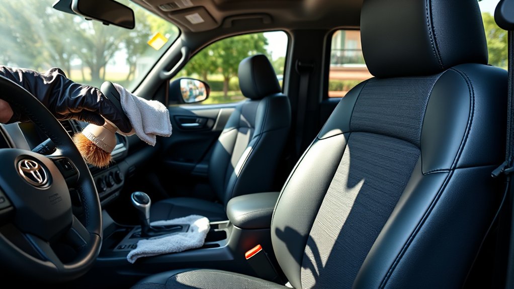 Cleaning leather and fabric seats inside a Toyota Tacoma