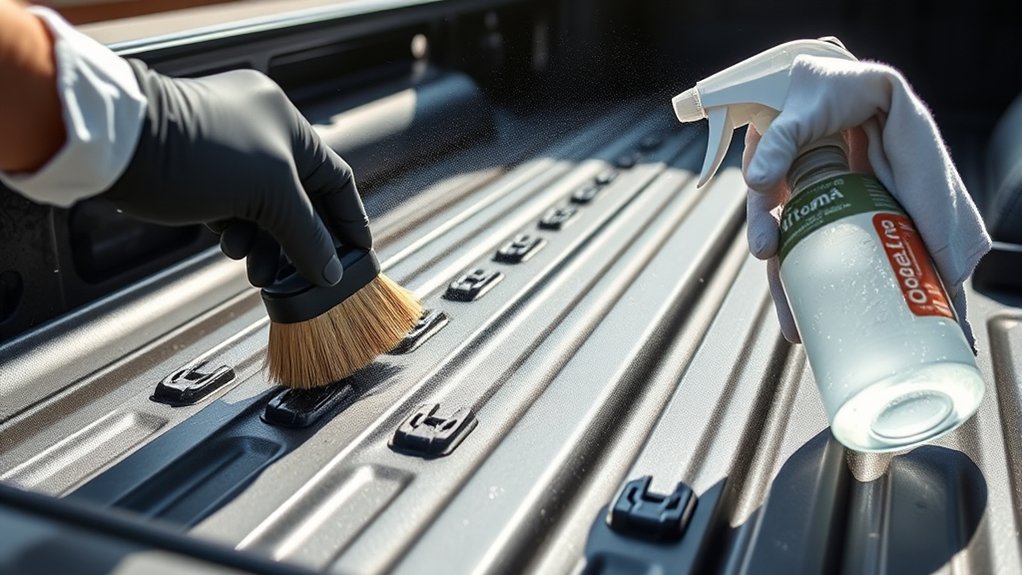Cleaning and drying Toyota Tacoma bed rails, tie-down cleats, and truck bed