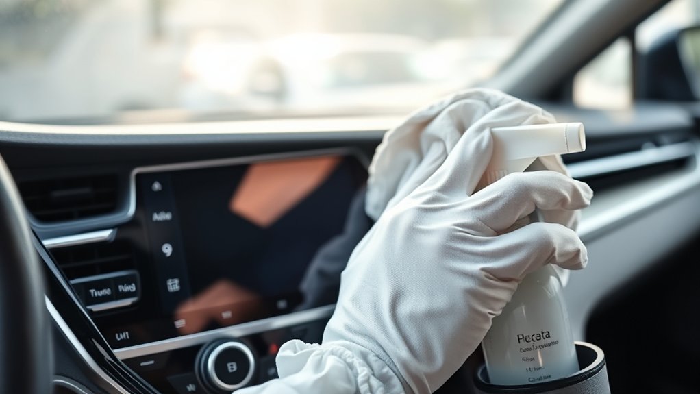 Cleaning a Toyota Camry touchscreen with a microfiber cloth