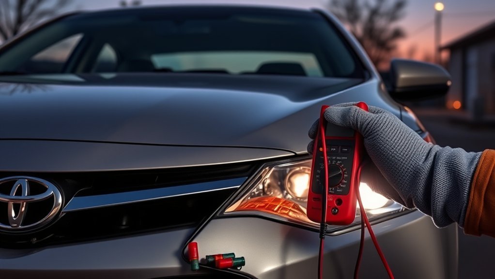 Technician testing a Toyota Camry front lighting circuit with a multimeter