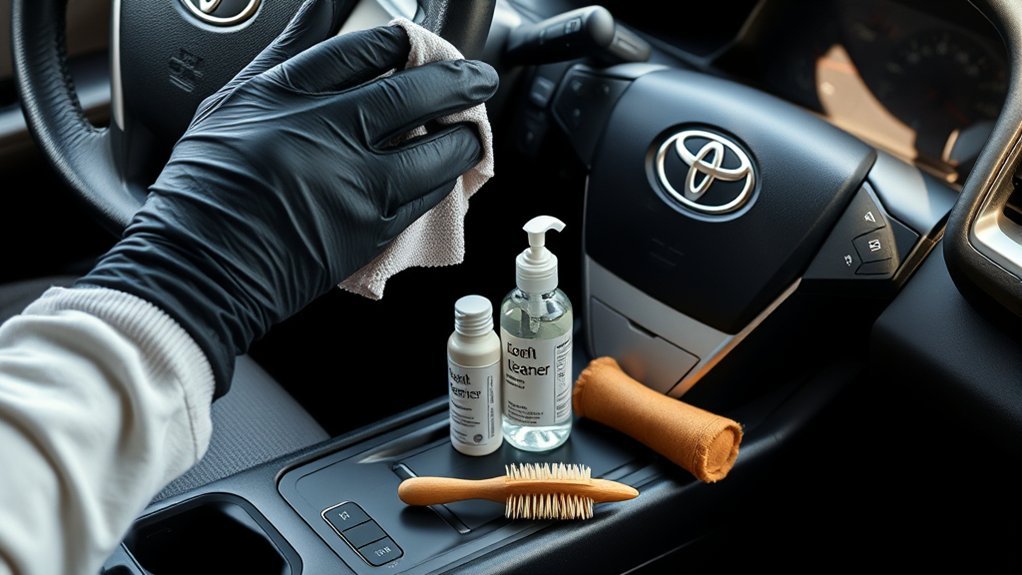 testing a leather-safe product before treating a Toyota Camry steering wheel