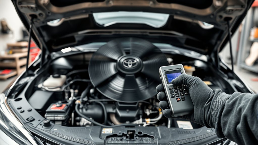 mechanic diagnosing a Toyota Camry cooling fan that runs continuously