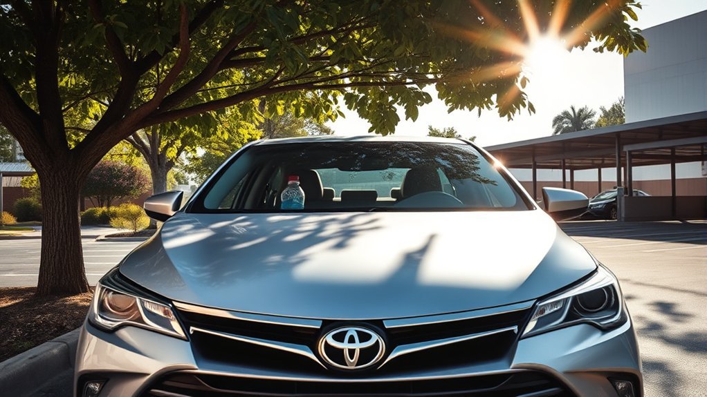 Toyota Camry parked in shade with a windshield sunshade during hot weather
