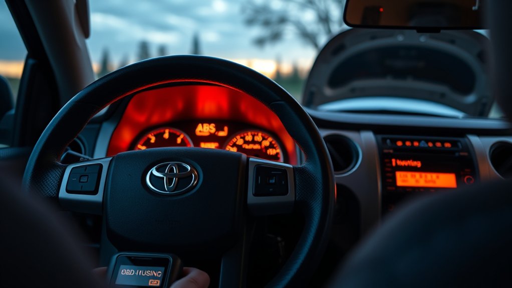 Toyota Tundra dashboard and scan tool used to diagnose an ABS warning light