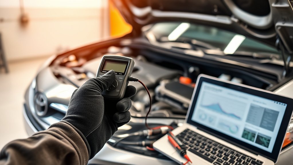 Technician diagnosing Toyota Camry P0300 misfire with an OBD-II scanner