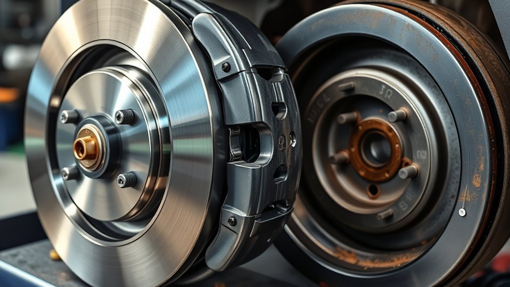 Disc brake rotor, caliper, and pads showing an open cooling design