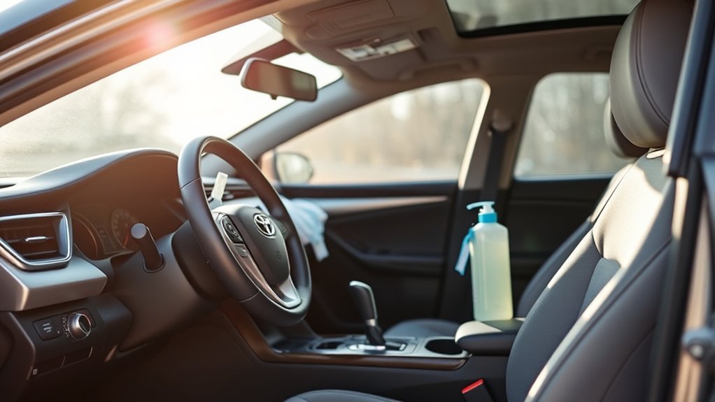 Microfiber cloths, mild cleaner, and disinfectant wipes for cleaning a Toyota Camry interior