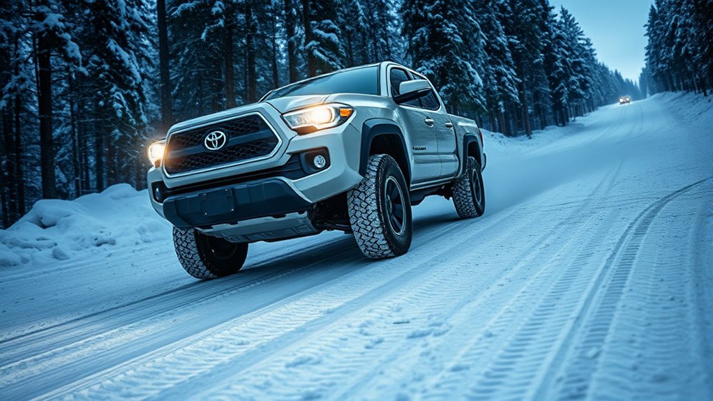 Toyota Tacoma being driven carefully on a snow-covered road