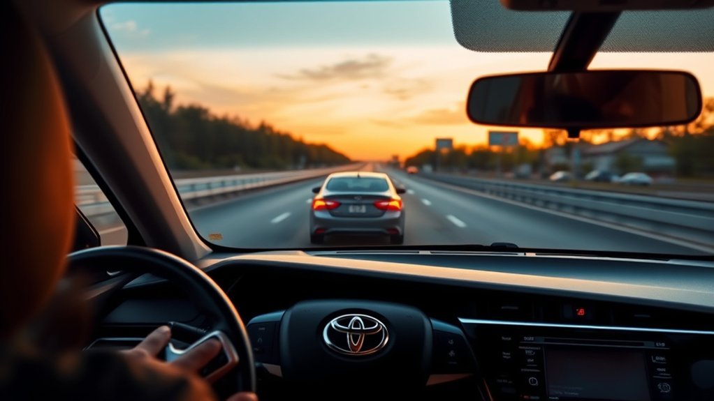 Driver using Toyota Camry Dynamic Radar Cruise Control behind another car on a highway
