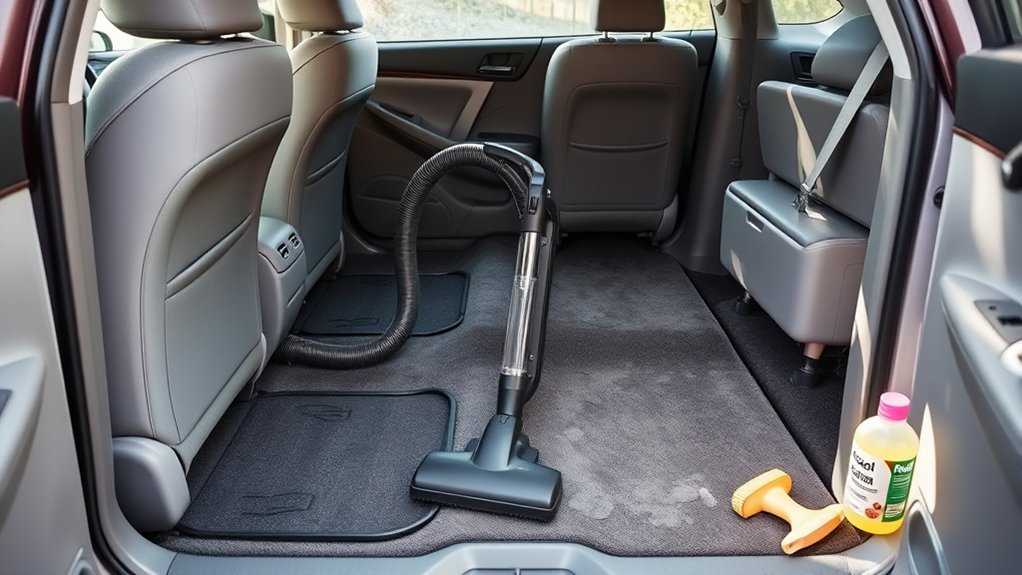 Using a crevice attachment to vacuum Toyota Camry carpet and seat-track areas