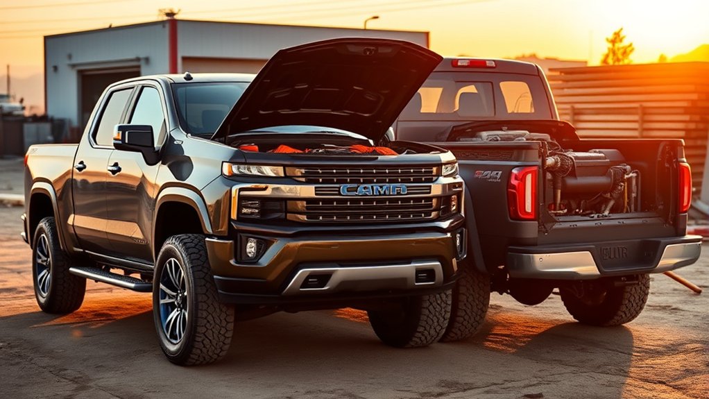 Hybrid pickup truck illustrating fuel efficiency and lower-speed electric assistance