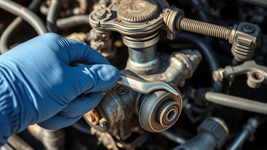 Technician troubleshooting an EGR valve VSV and vacuum modulator on an older Toyota Camry