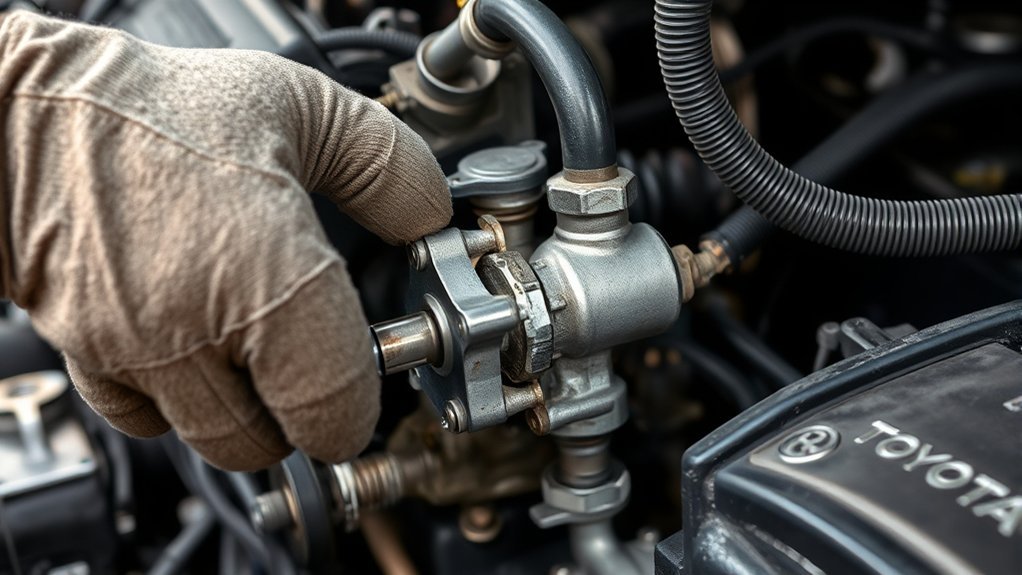 Inspecting EGR valve vacuum hoses and emissions controls on an older Toyota Camry