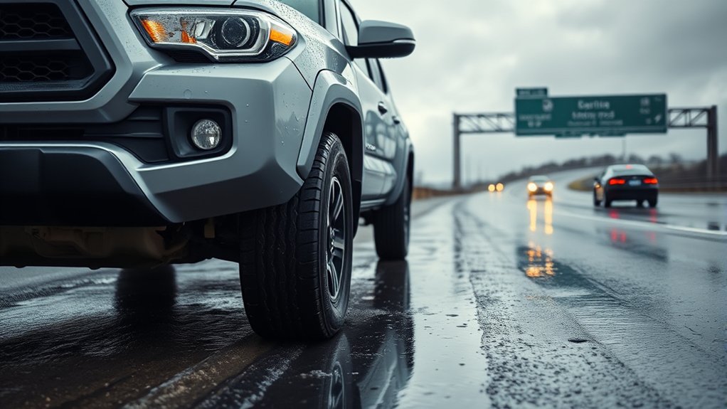 Toyota Tacoma using 4WD on a rain-soaked low-traction road