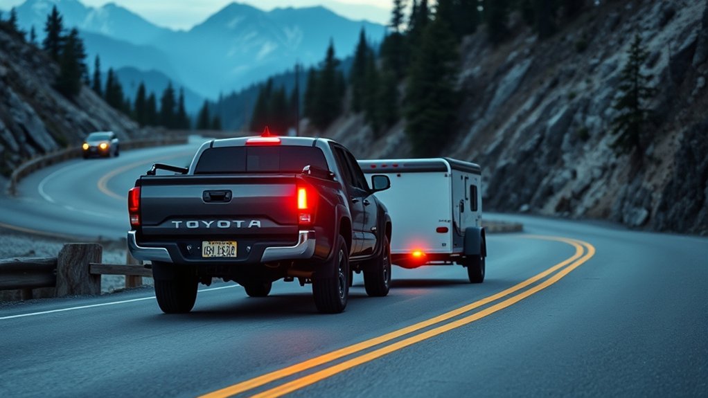 Toyota Tacoma using engine braking on a mountain descent
