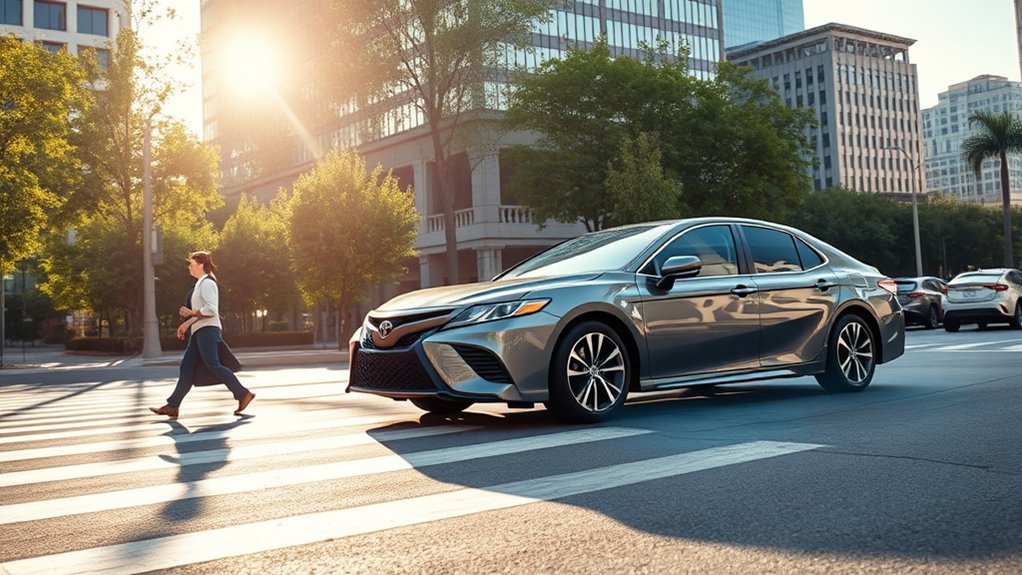 Toyota Camry PCS detecting a pedestrian and supporting emergency braking