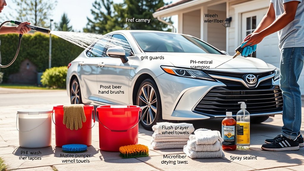 Buckets, automotive shampoo, microfiber mitts, brushes, and towels for hand washing a Toyota Camry