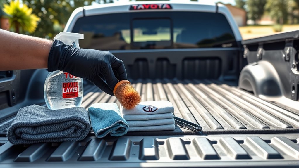 Soft brushes, microfiber towels, car wash soap, and rinse tools for cleaning Toyota Tacoma bed rails