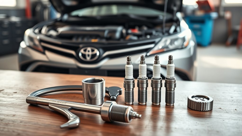 Ratchet, extensions, spark-plug socket, torque wrench, and cleaning tools used for Toyota Camry spark plug replacement