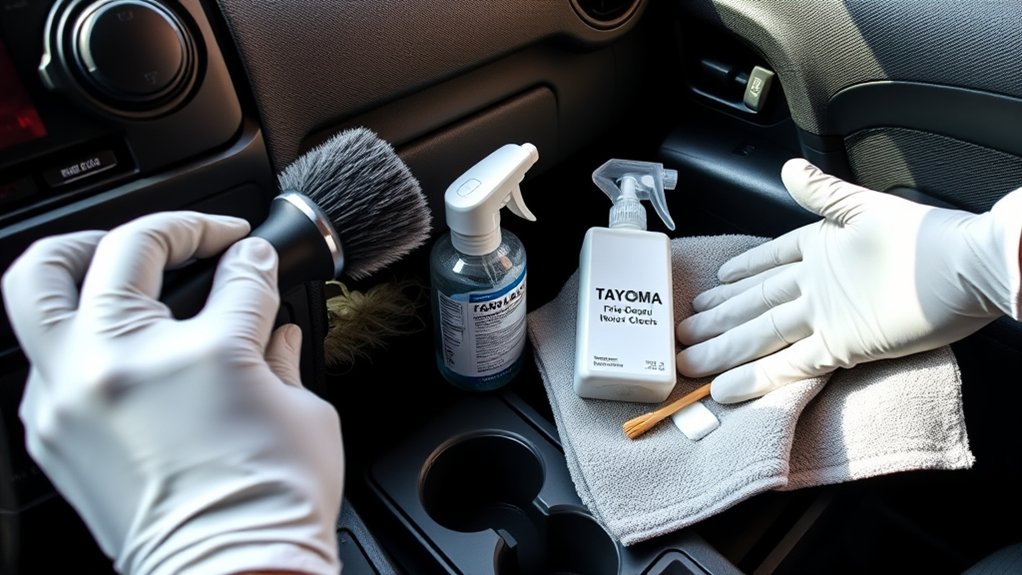 Microfiber cloths, interior-safe cleaner, and a soft brush for cleaning a Toyota Tacoma cabin