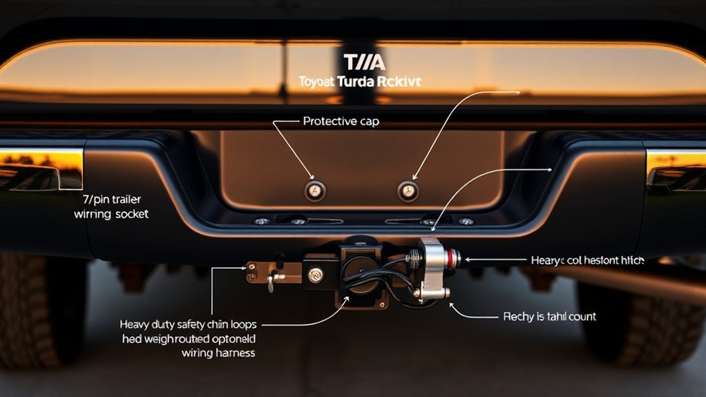 Rated hitch, trailer connector, safety chains, and towing accessories for a Toyota Tundra